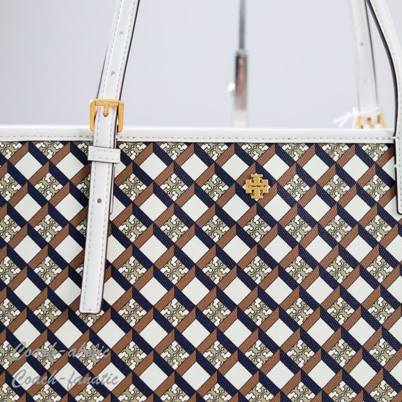 NWT Tory Burch Geo Logo Top Zip Allover Large Tote in Ivory Neutral - Picture 3 of 12